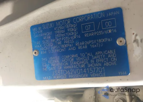 2001 Suzuki Grand Vitara Jlx/Jlx+/Limited z USA, uszkodzony, nr VIN JS3TD62V014157701